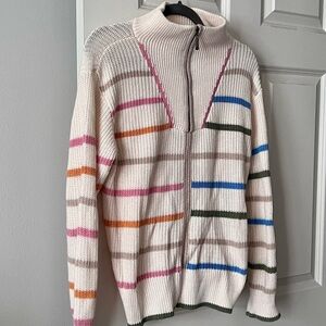 Cream/multi-color striped quarter zip sweater!